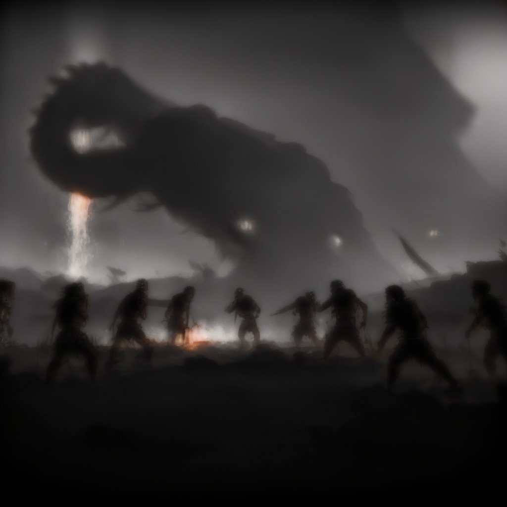 107277-2658270936-(action scene), a (horde of Neanderthals) (fighting a giant mammoth) with spears and stones, background is volcano erupting, 8k.png